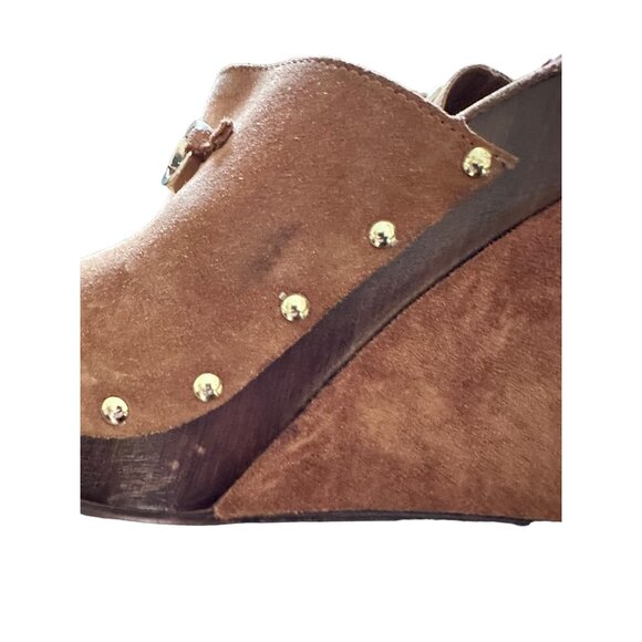 🍒 2/$20 🍒 Cognac Open Toe Wedges with Gold Buckles 4” Rise sz 38 - Picture 5 of 9